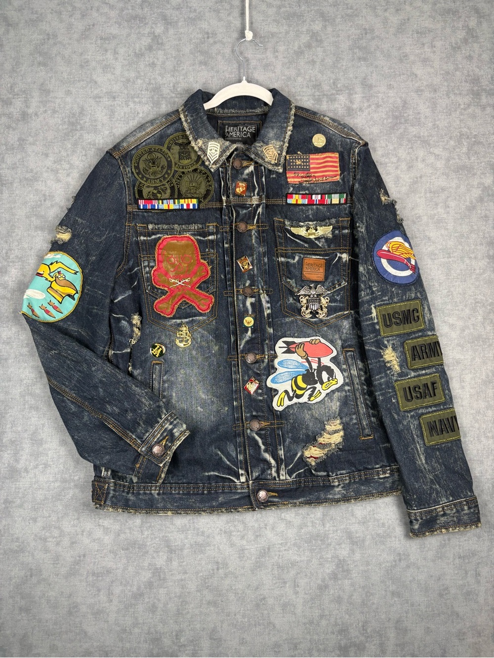 Heritage America 1776 XL Denim Jacket Custom Military Patch Pin Distressed